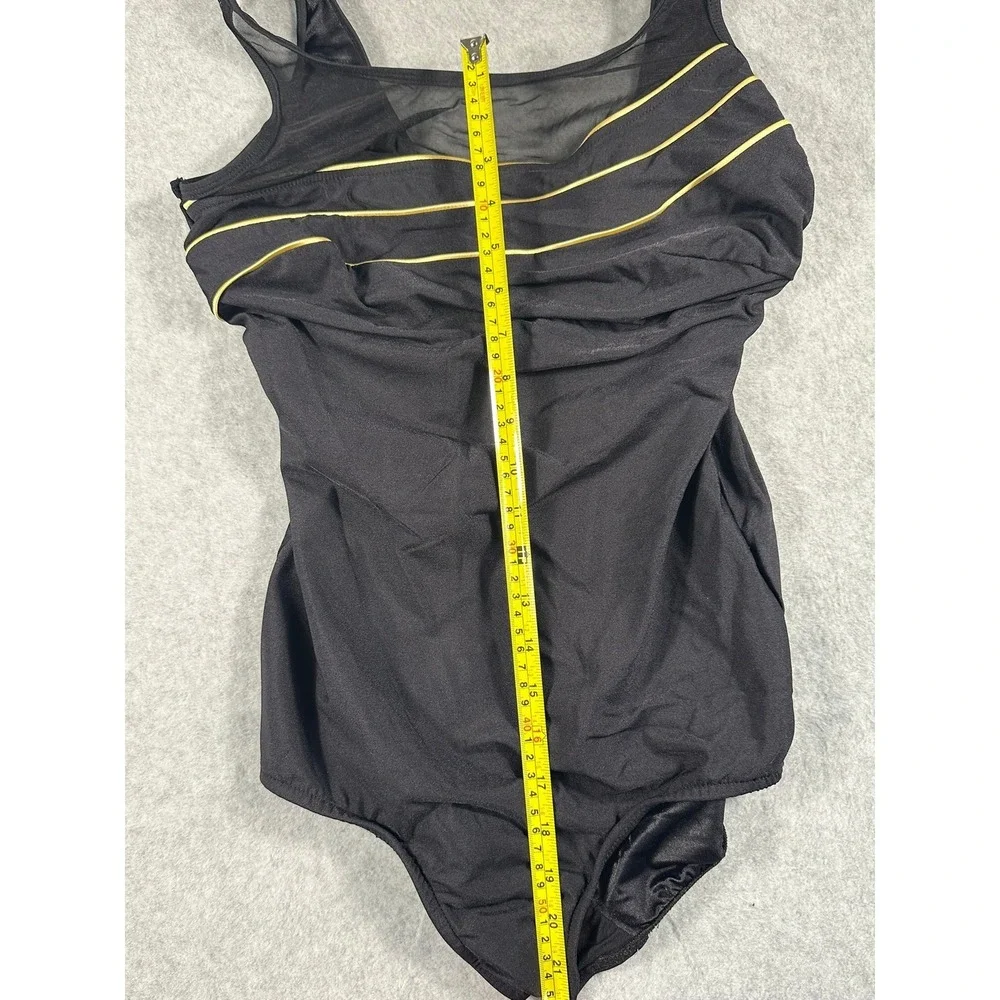 Slim Allure Womens 20W One Piece Swimsuit Black Gold Piping Mesh Ruched Vintage